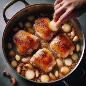 Agrega los muslos de pollo a la olla y cocina durante unos 5 minutos, hasta que estén dorados por todos lados.